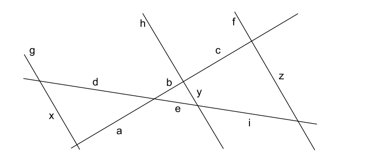 Geometrische Zeichnung mit mehreren sich schneidenden Geraden und markierten Buchstaben.